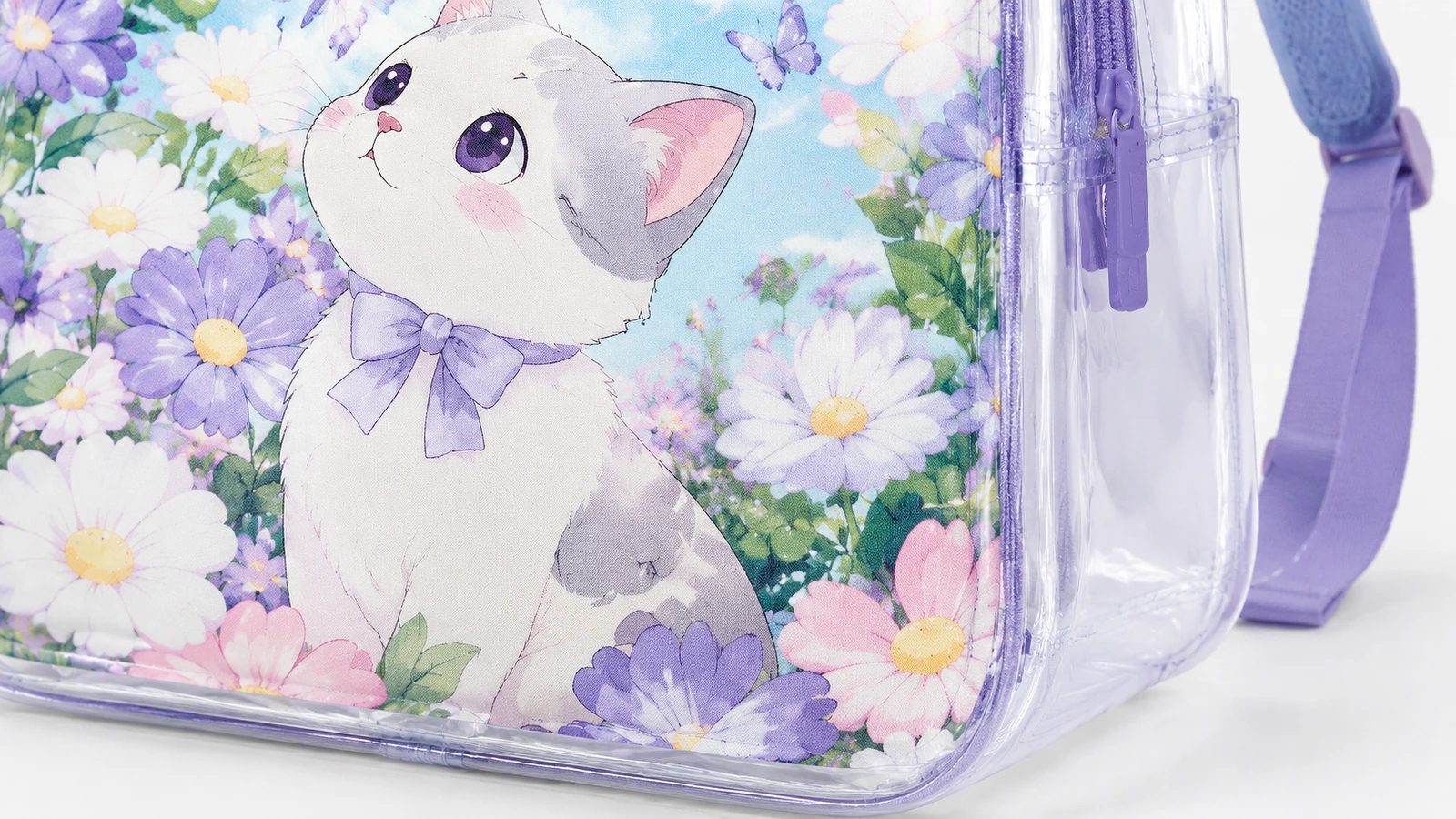 Close-up desain anak kucing dan bunga, panel samping transparan, dan tali ransel ungu