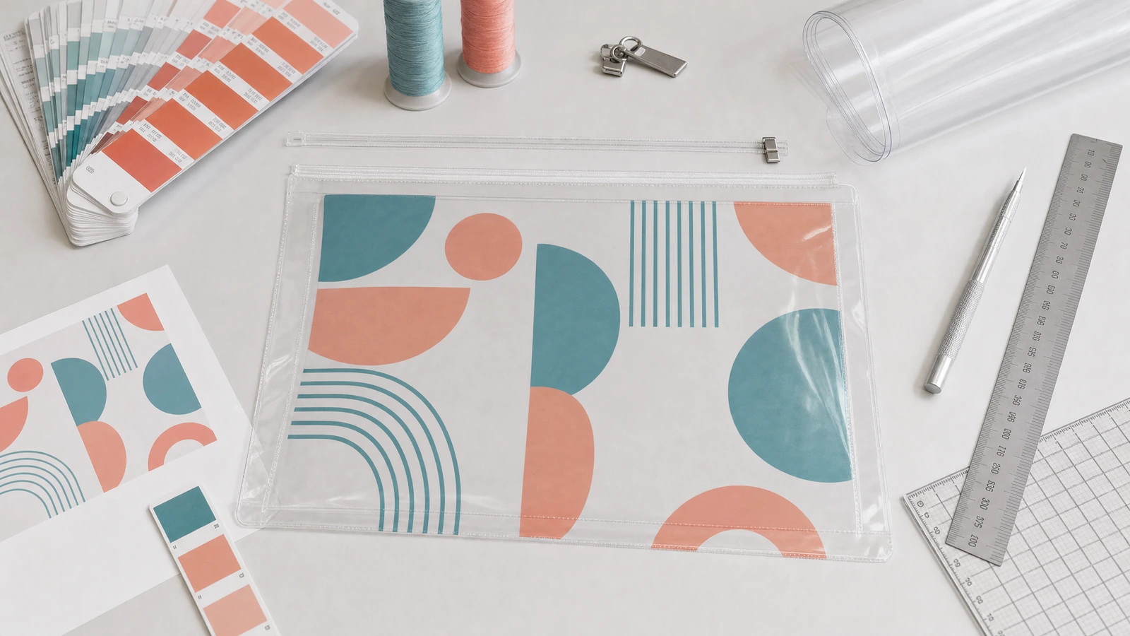 Kantong resleting bening bercetak geometris di samping lembar desain grafis, contoh warna, dan alat ukur