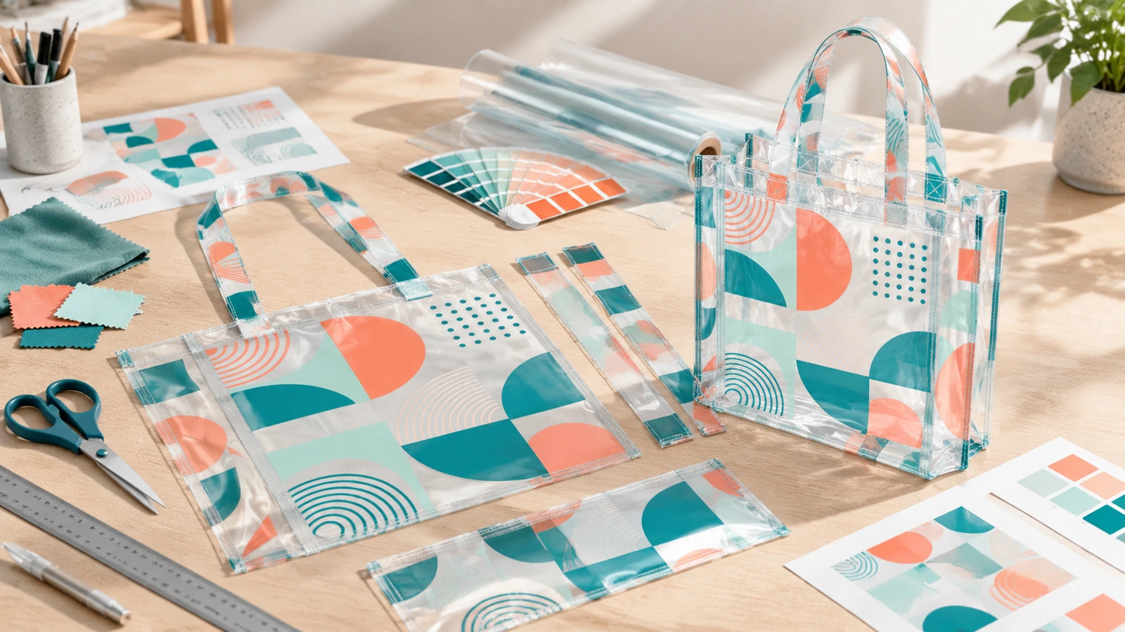 Komponen tote geometris bening dengan cetakan dan tas yang sudah dirakit di samping artwork, contoh warna, dan peralatan