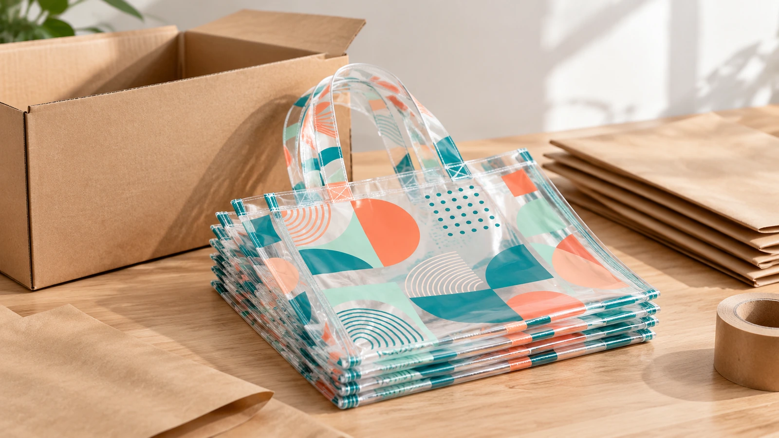 Tote bening bertumpuk di samping kardus, kertas kraft, dan lakban
