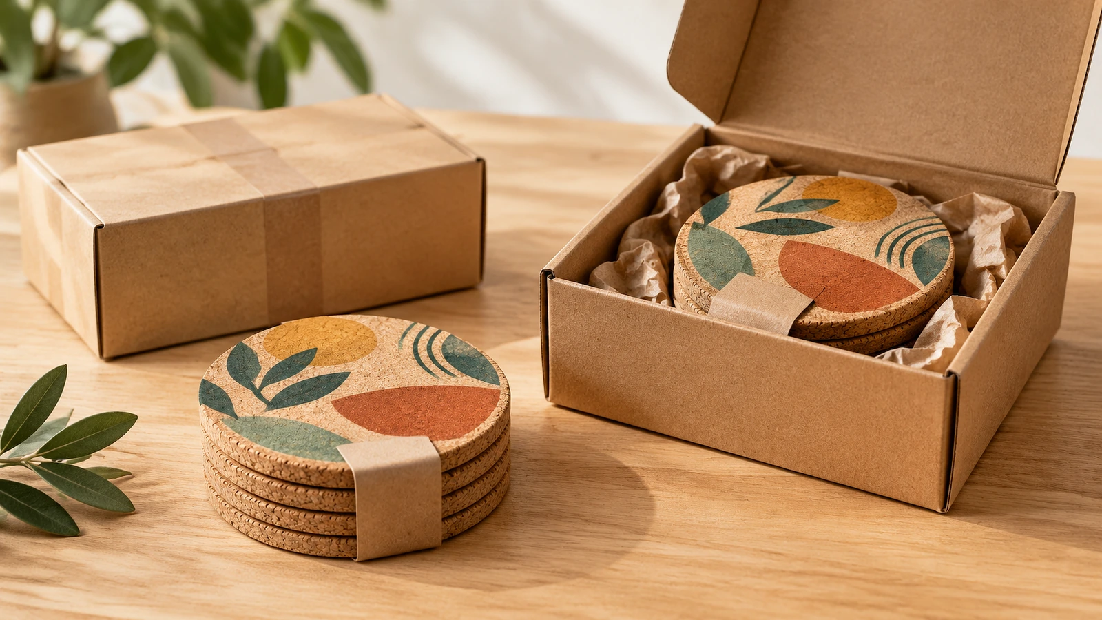 Pengemasan hadiah coaster gabus Bundel coaster gabus bercetak dengan pita kertas di samping kotak hadiah kraft yang terbuka