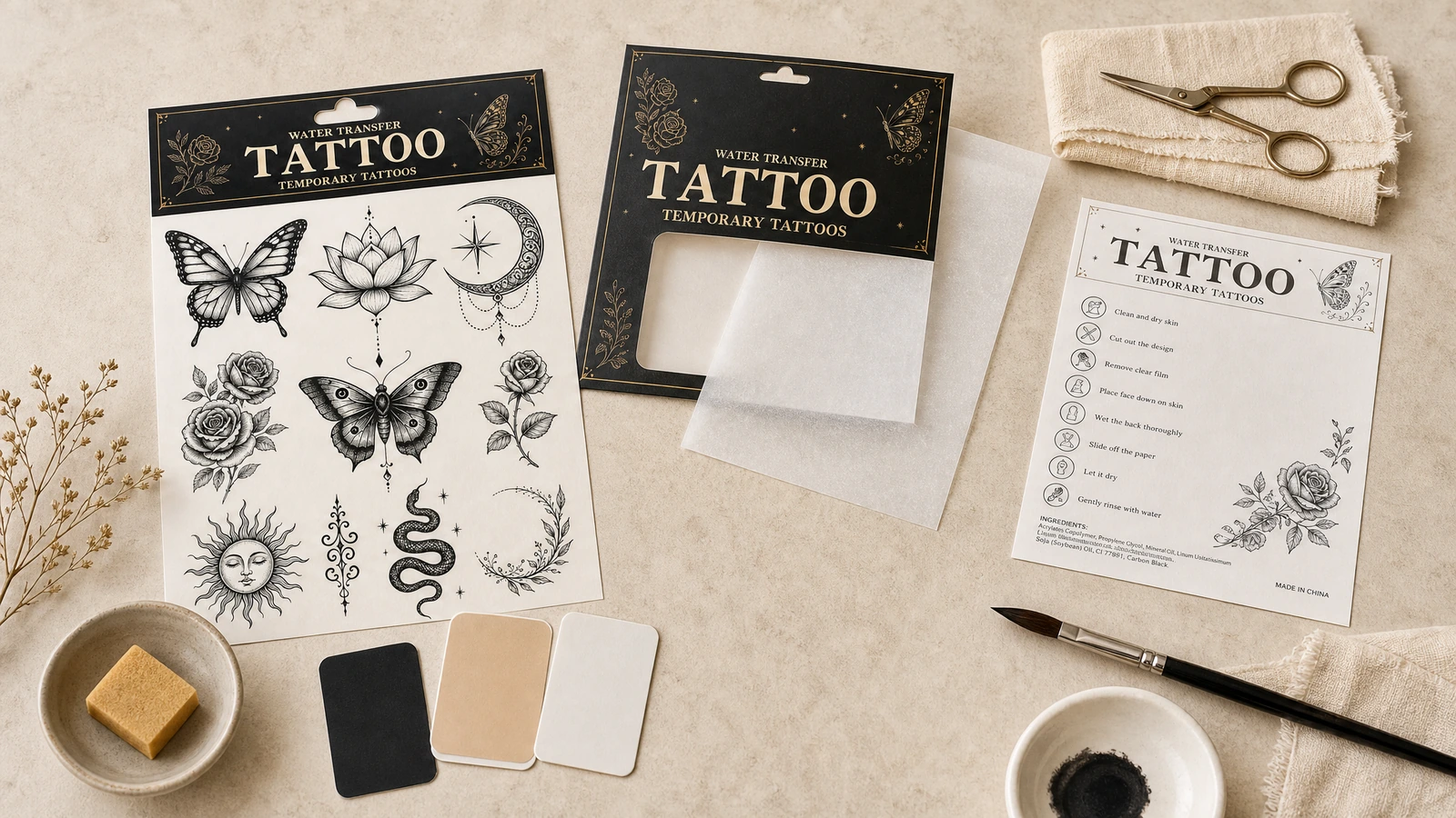 Lembaran tato temporer garis hitam di samping kemasan, gunting, dan kartu instruksi