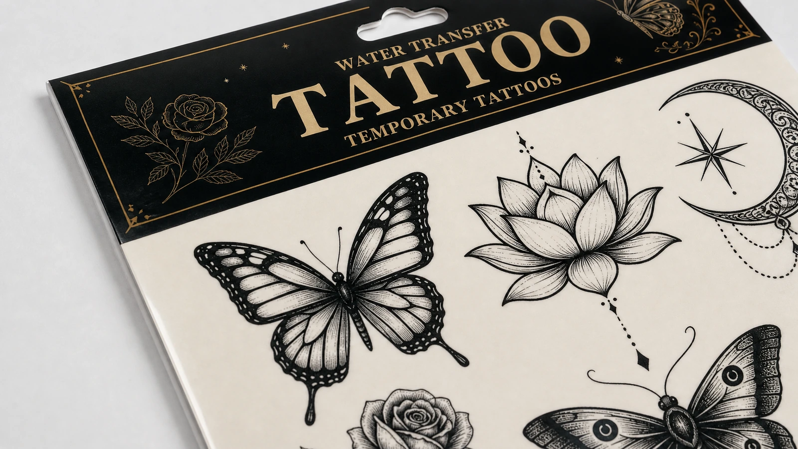 Close-up desain kupu-kupu, teratai, dan bulan sabit di bawah header tato hitam