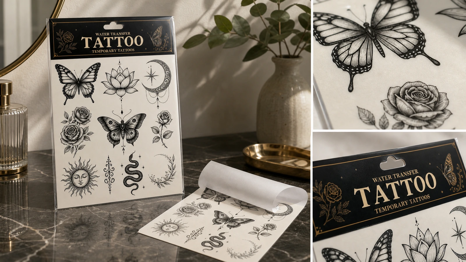 Kolase lembaran tato, lapisan pendukung yang digulung, dan detail close-up karya seni