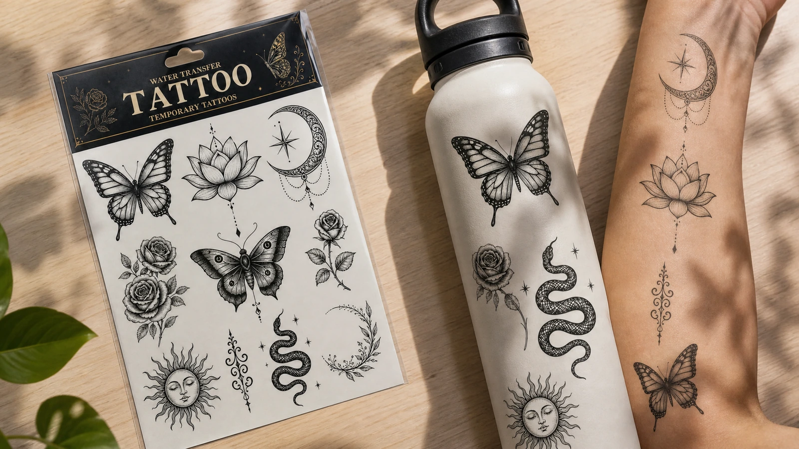 Lembaran tato di samping botol berhias dan lengan bawah dengan motif serupa