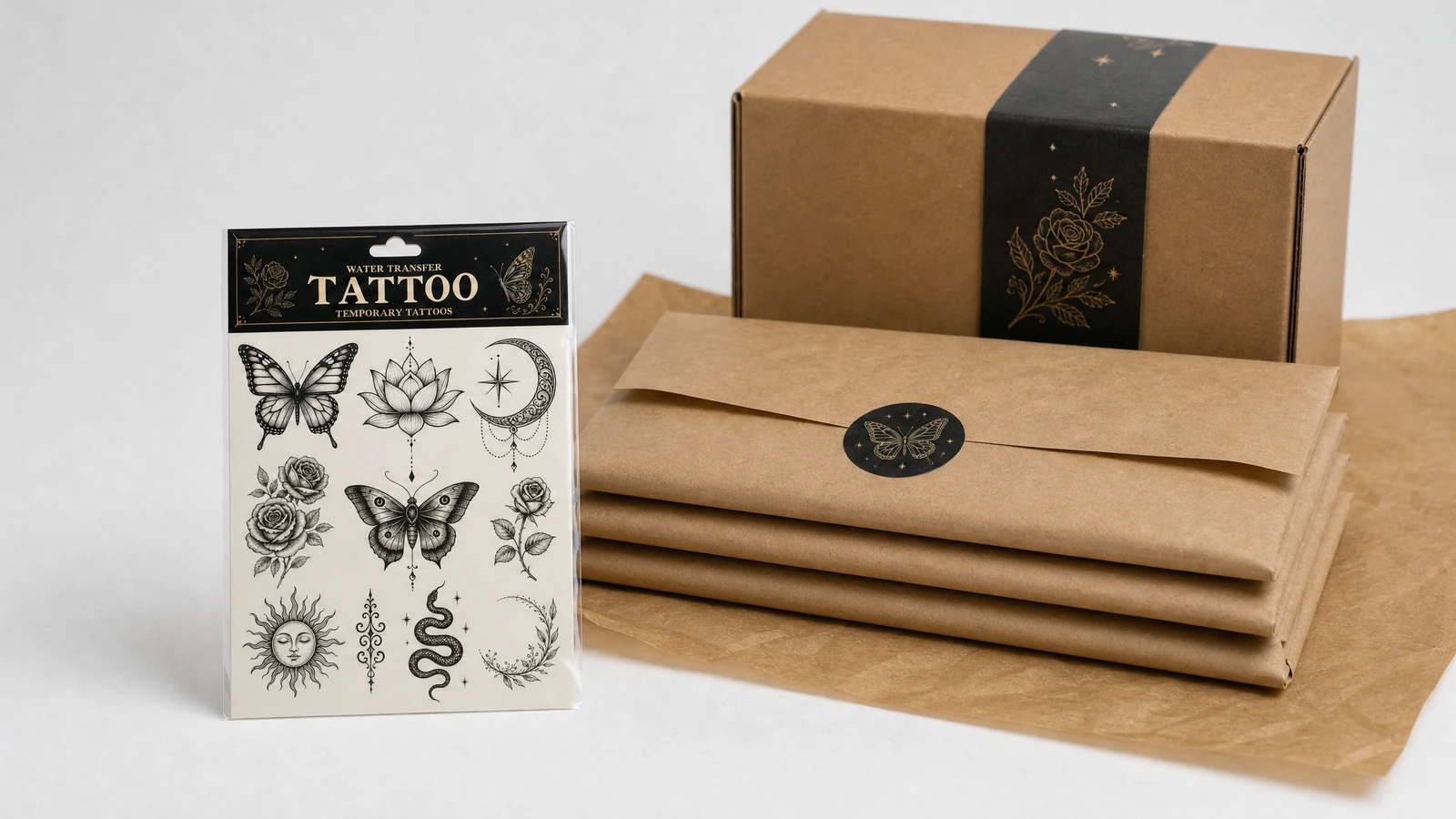 Lembaran tato di samping amplop kraft bertumpuk dan kotak cokelat