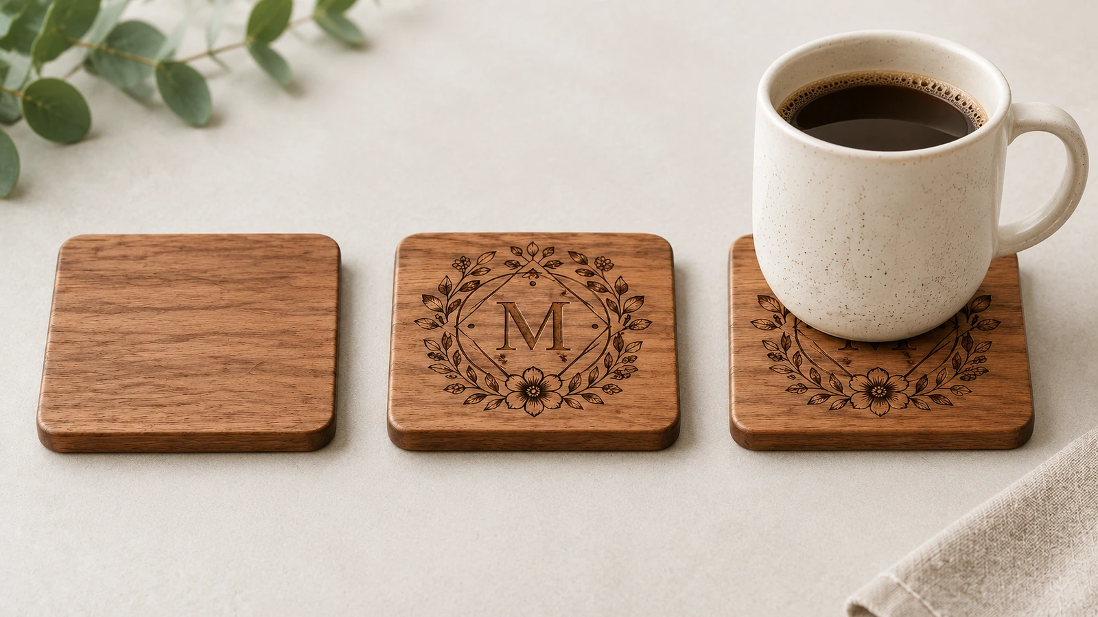 Coaster kayu polos, coaster bermonogram, dan coaster di bawah cangkir kopi