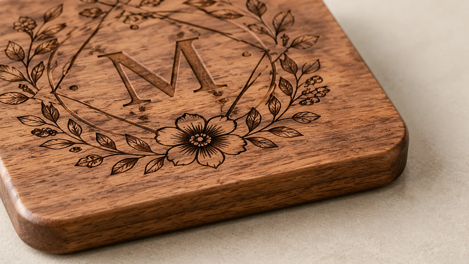 Close-up monogram bunga pada coaster kayu dengan sudut membulat