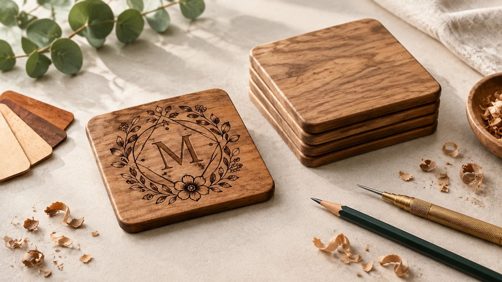 Coaster kayu persegi berinisial monogram di samping tumpukan coaster polos, sampel kayu, dan alat kerajinan
