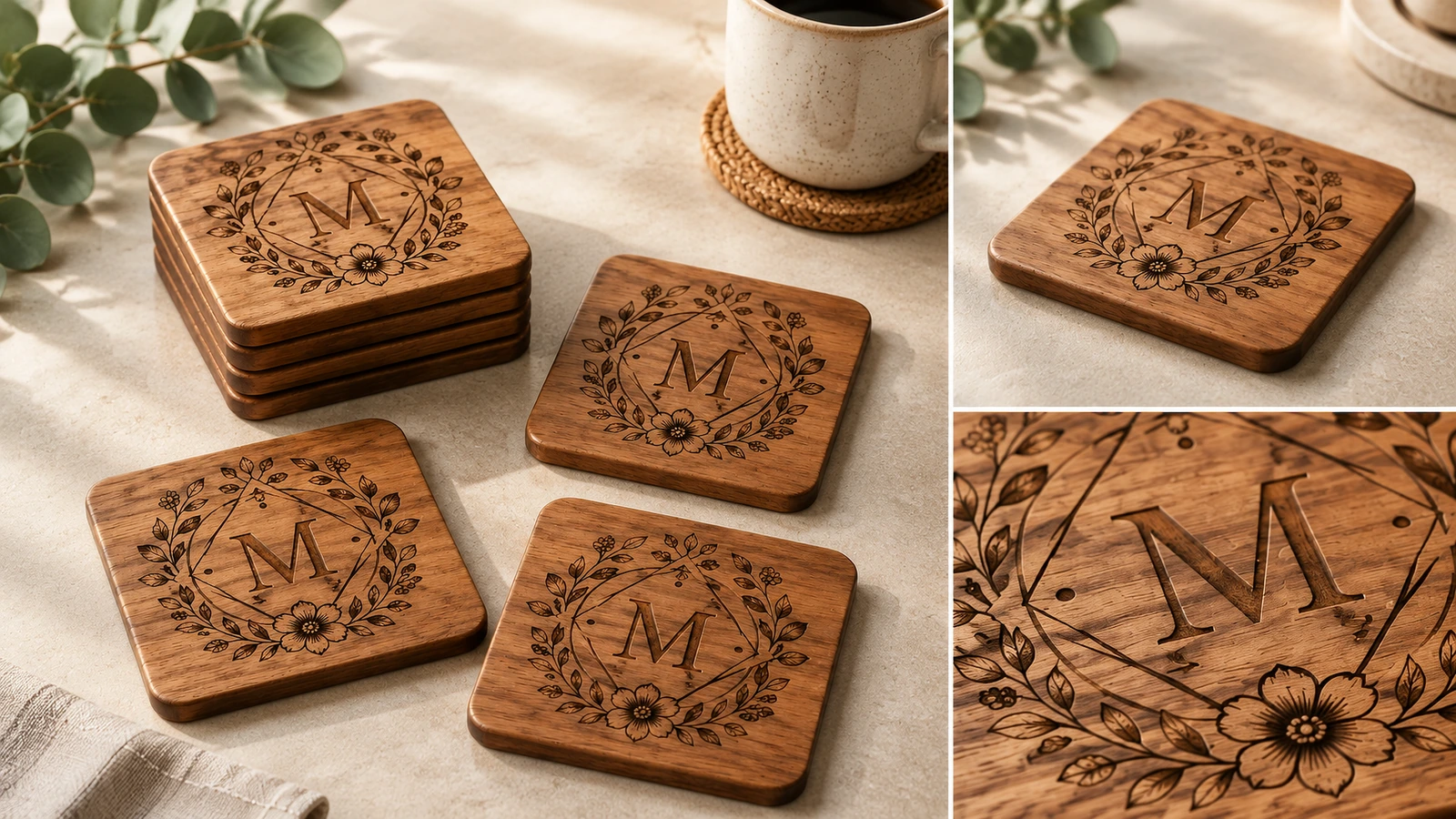 Kolase coaster kayu bermonogram yang ditumpuk dan satuan, dengan close-up ukiran
