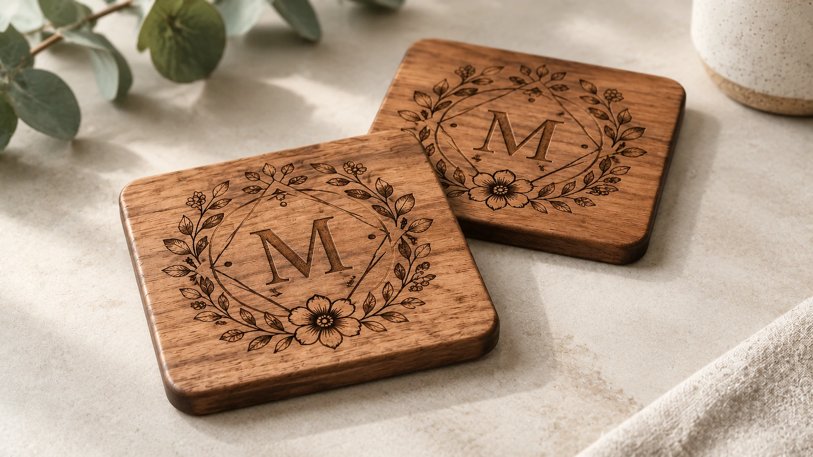 Dua coaster kayu persegi terukir monogram bunga di atas permukaan linen