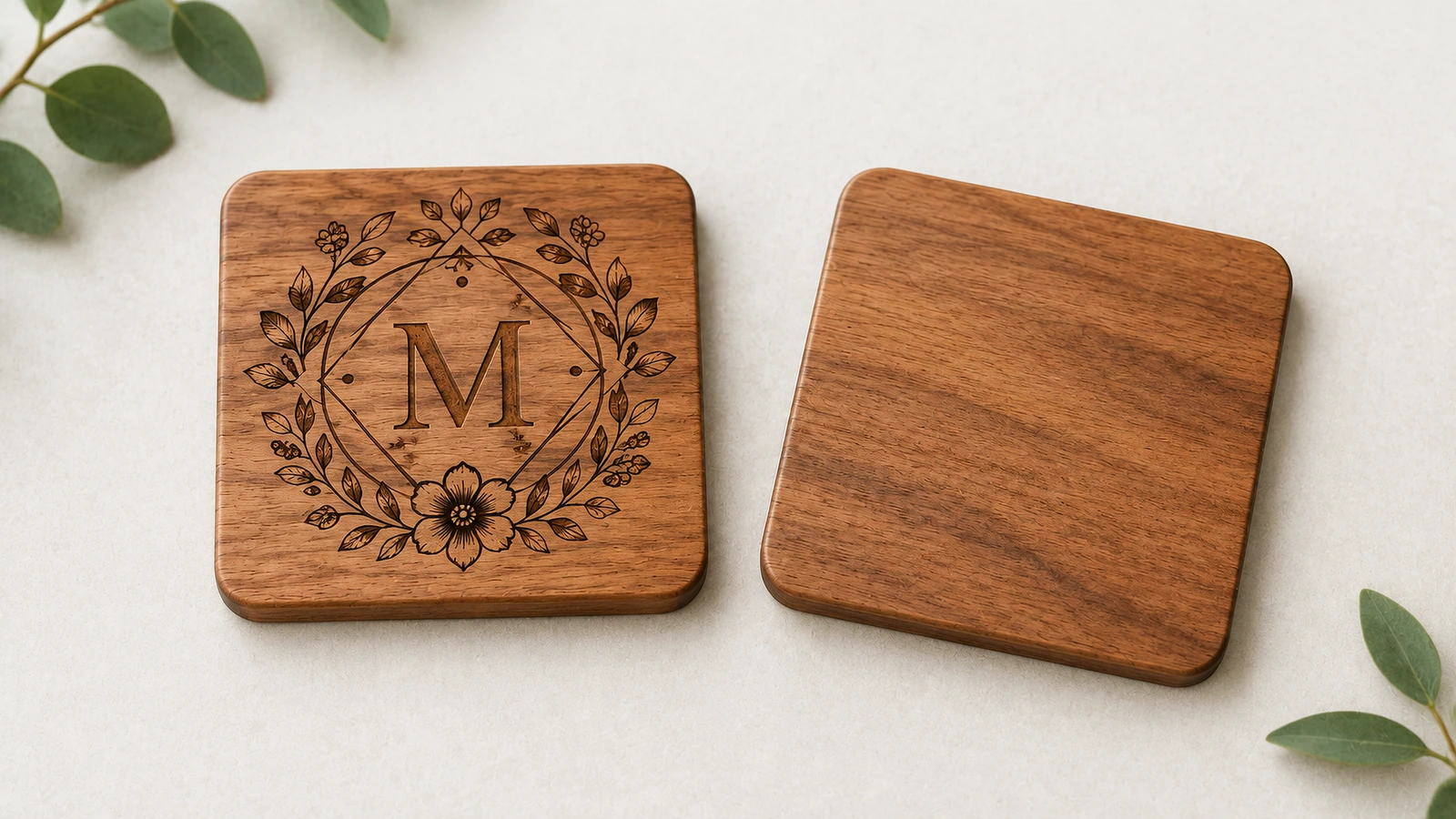 Dua coaster kayu persegi, satu dengan monogram bunga dan satu polos