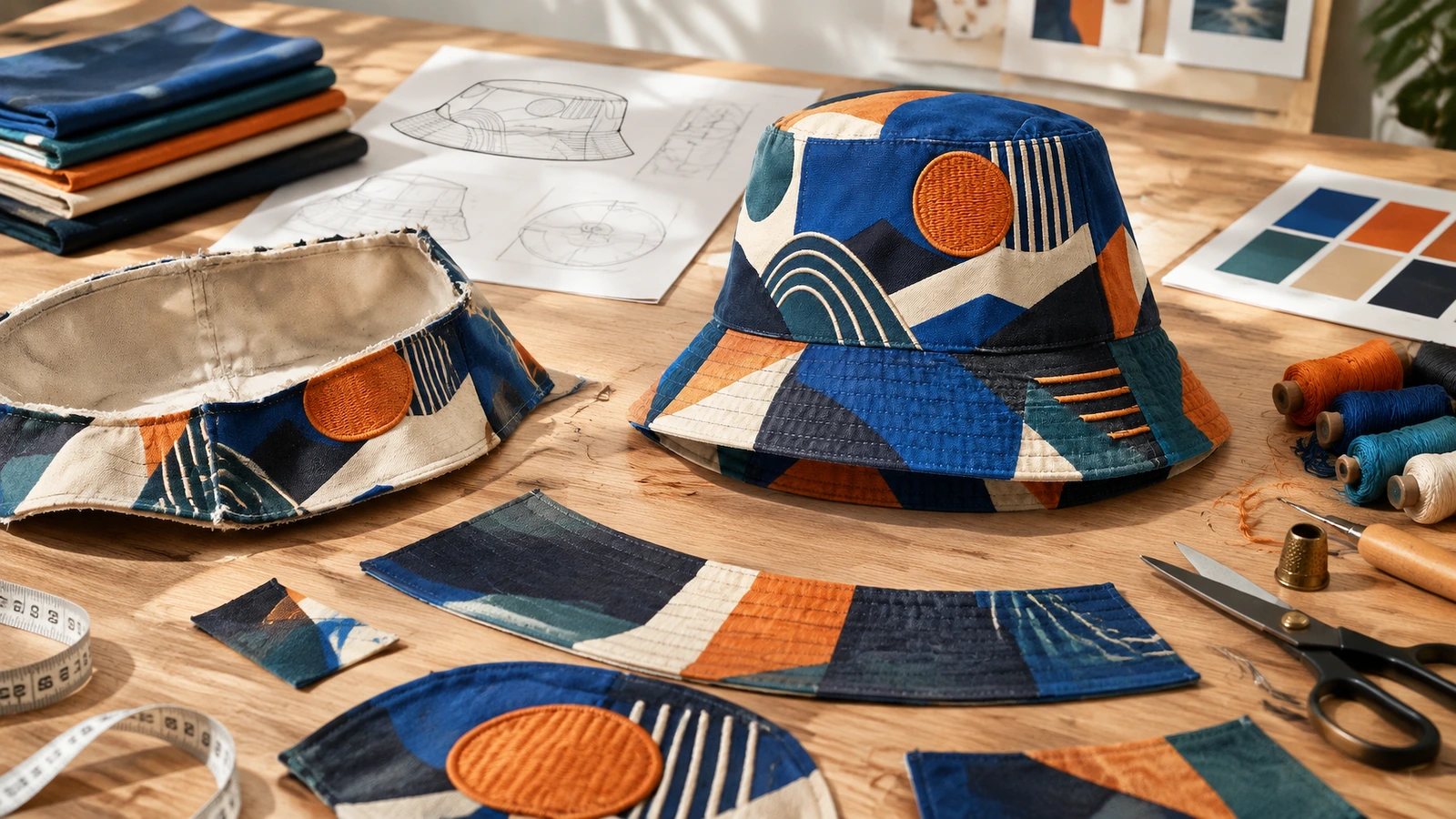Bucket hat motif geometris dan potongan kain di samping benang, sketsa, dan contoh warna