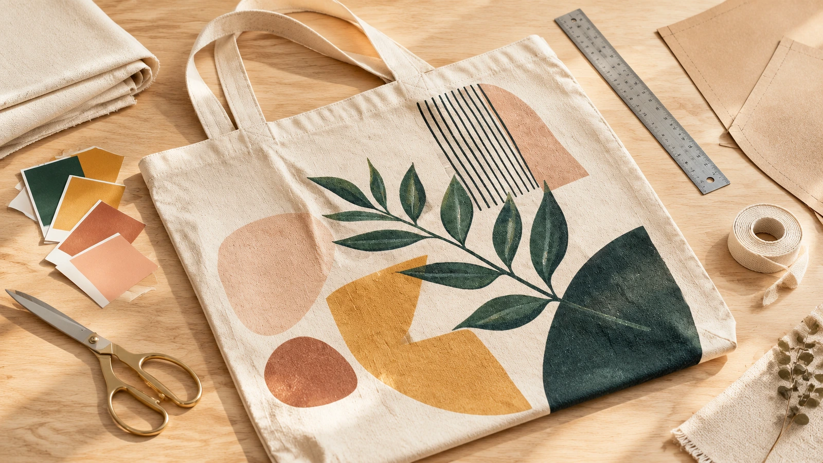 Tas tote kanvas dengan desain daun dan geometris di samping contoh warna, gunting, dan penggaris