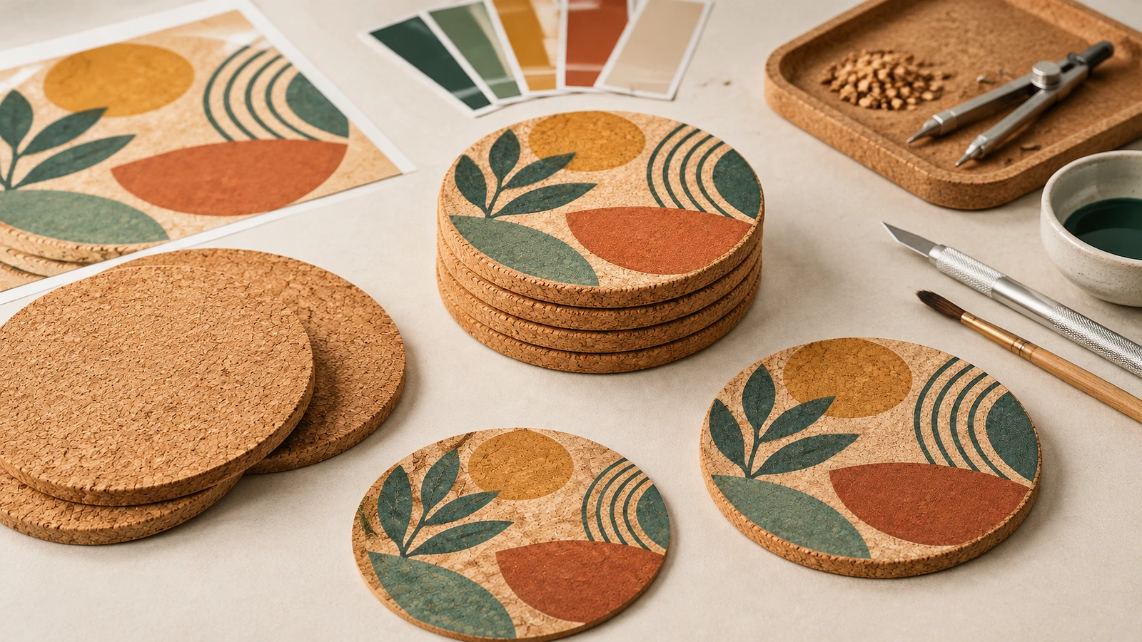 Coaster gabus bercetak dan bahan desain Coaster gabus bulat dengan desain abstrak hijau dan oranye di samping cakram gabus polos dan alat seni