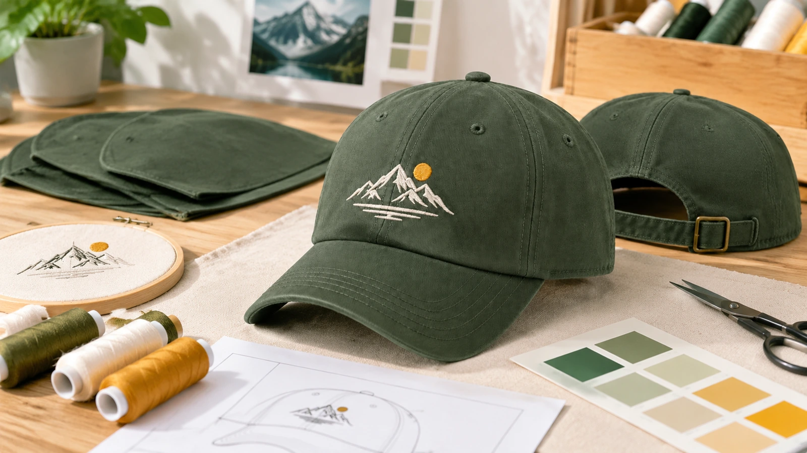 Topi hijau bersulam di samping gulungan benang, artwork, dan contoh warna