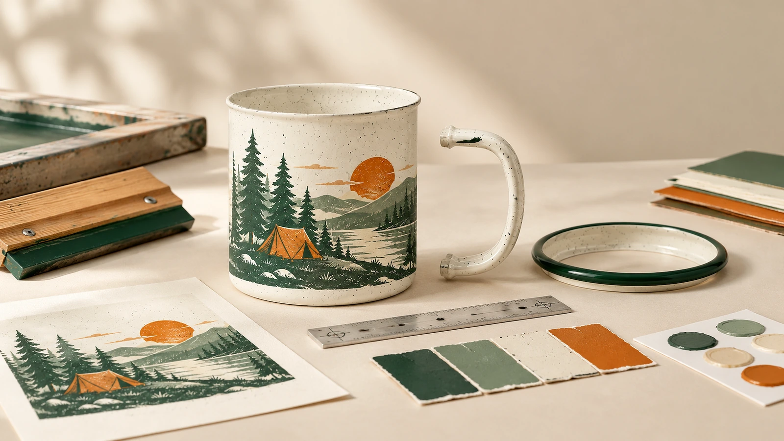 Badan mug bertema berkemah di samping gagang terpisah, cincin bibir hijau, desain, penggaris, dan contoh warna