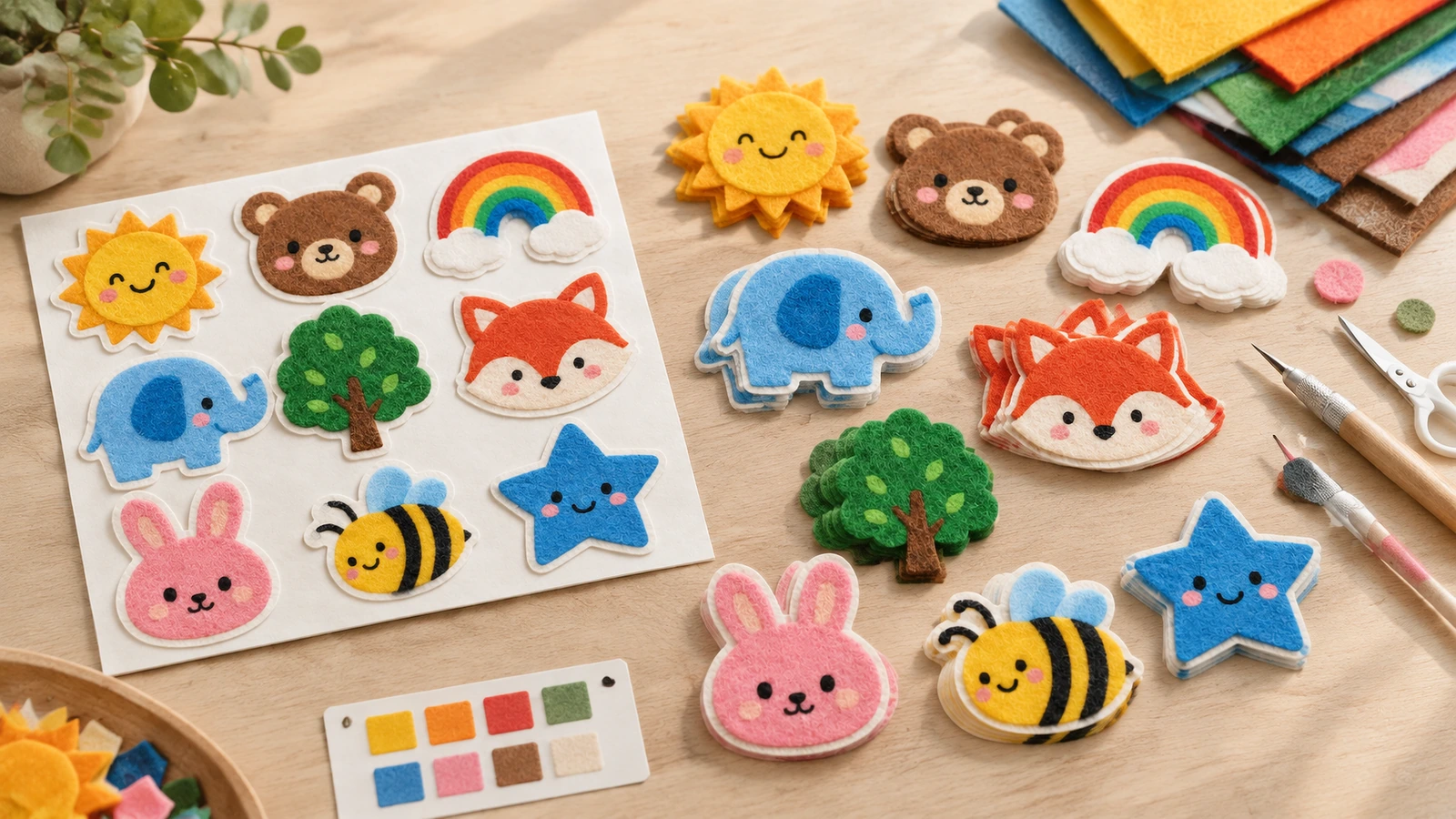Desain stiker felt dan bahan kerajinan Stiker felt hewan, pelangi, matahari, dan bintang berwarna di atas lembar putih, serta meja kerajinan di samping lembaran felt, gunting, dan contoh warna