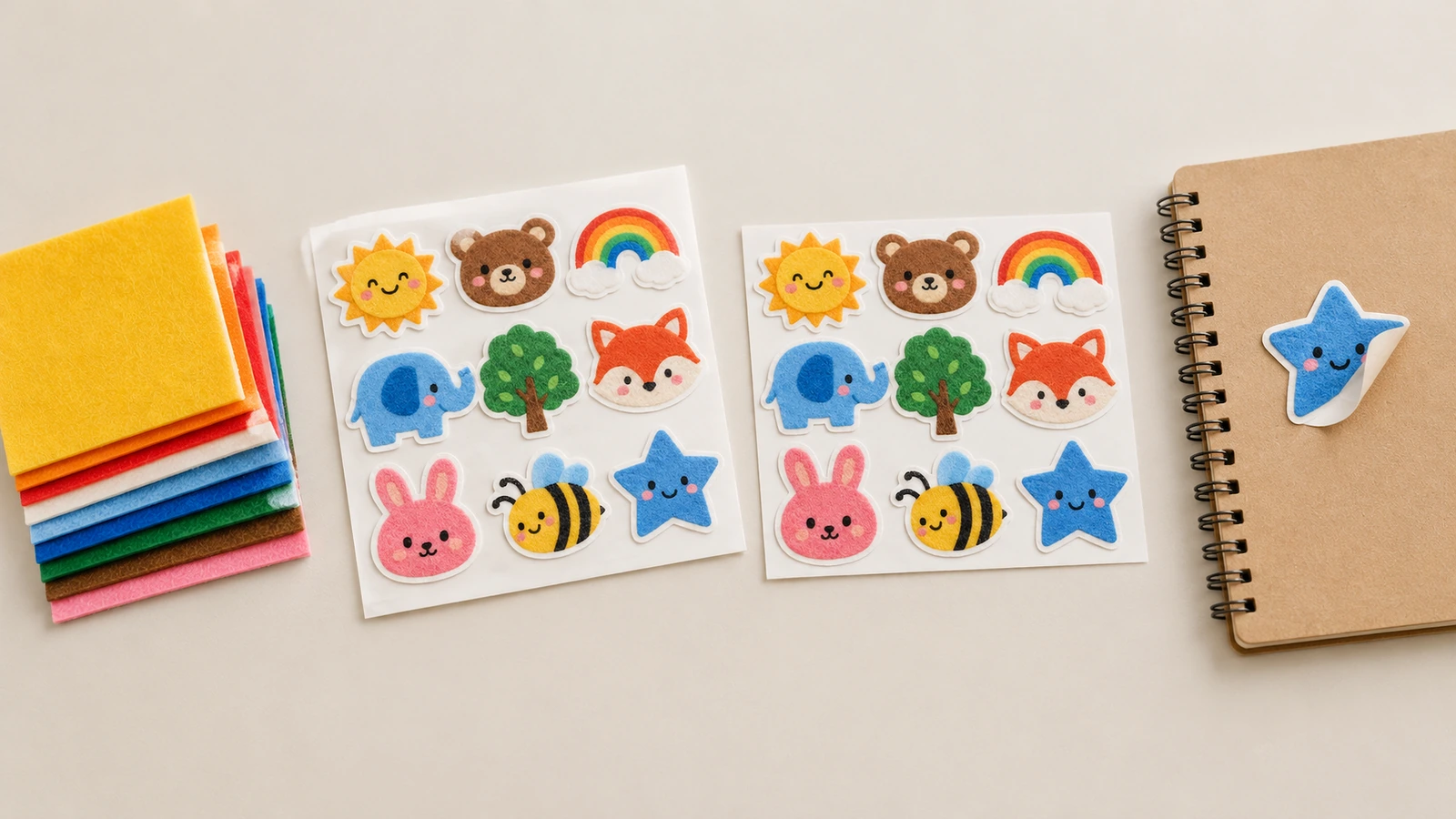 Lembar stiker felt dan buku catatan yang dihias 2 lembar stiker felt kartun berwarna di samping felt berwarna bertumpuk dan buku catatan kraft dengan stiker bintang biru