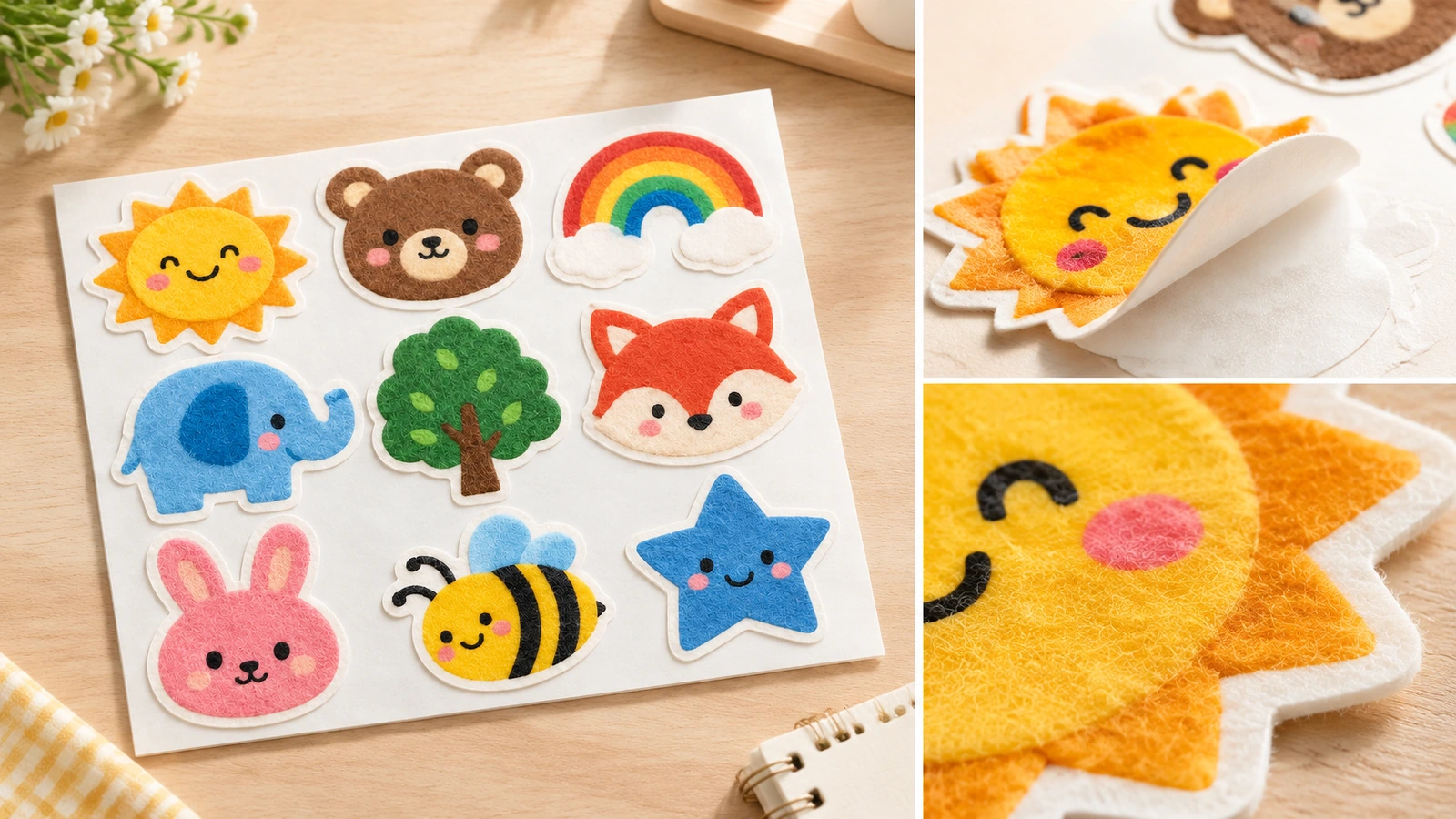 Lembar stiker felt, lapisan pelindung yang dapat dikelupas, dan detail tekstur Kolase lembar stiker felt kartun dengan tampilan dekat stiker matahari yang terkelupas dari lapisan pelindungnya serta tepinya yang bertekstur