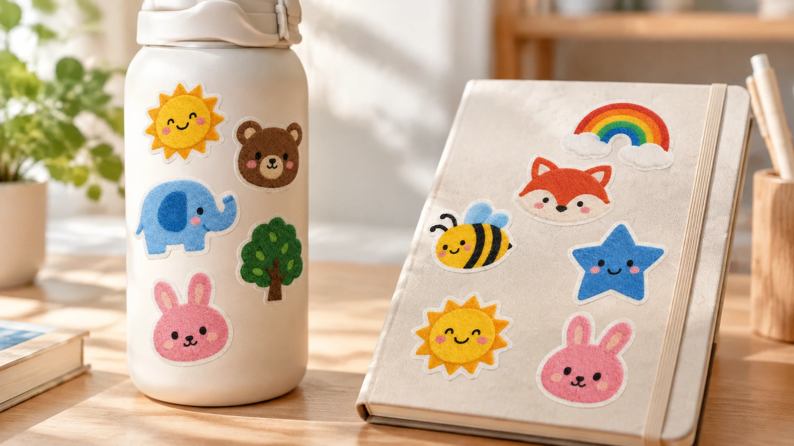 Stiker felt pada botol dan buku catatan Stiker felt kartun berwarna menghias botol putih dan buku catatan berwarna terang di atas meja