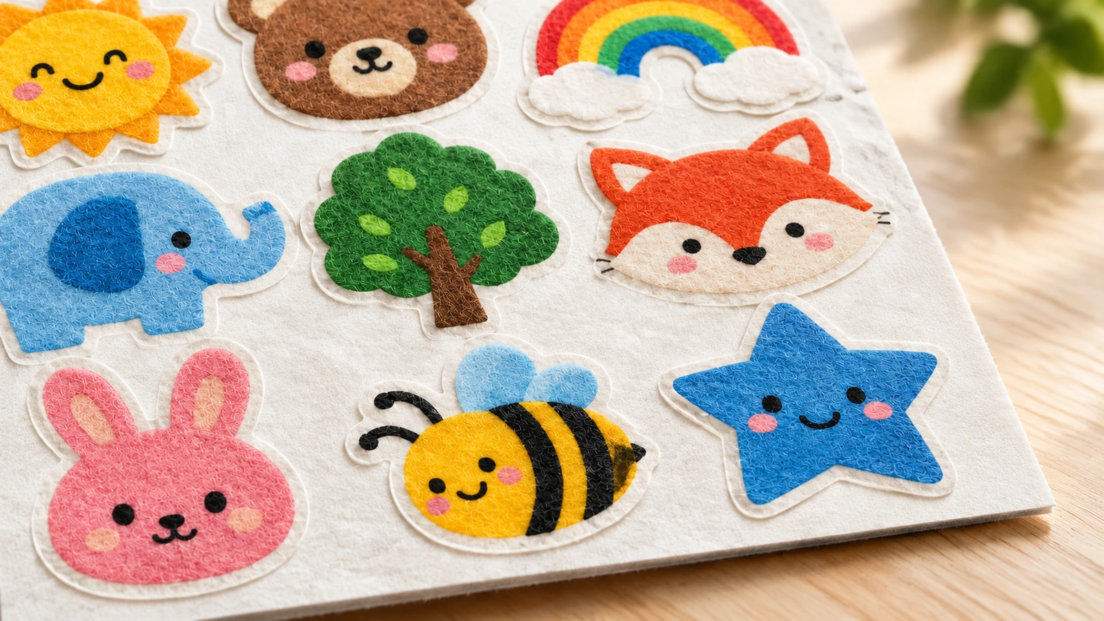 Tampilan dekat tekstur stiker felt berwarna Tampilan dekat stiker felt bertekstur berbentuk hewan, pelangi, matahari, dan bintang yang tersusun di atas lembar latar putih