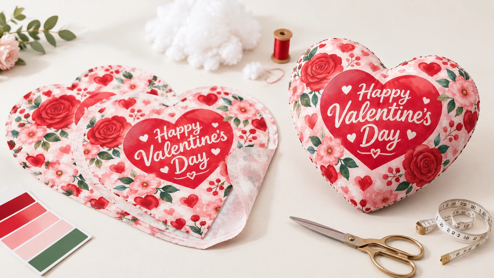 Panel bantal hati Valentine bermotif bunga dan bantal berisi di samping perlengkapan menjahit