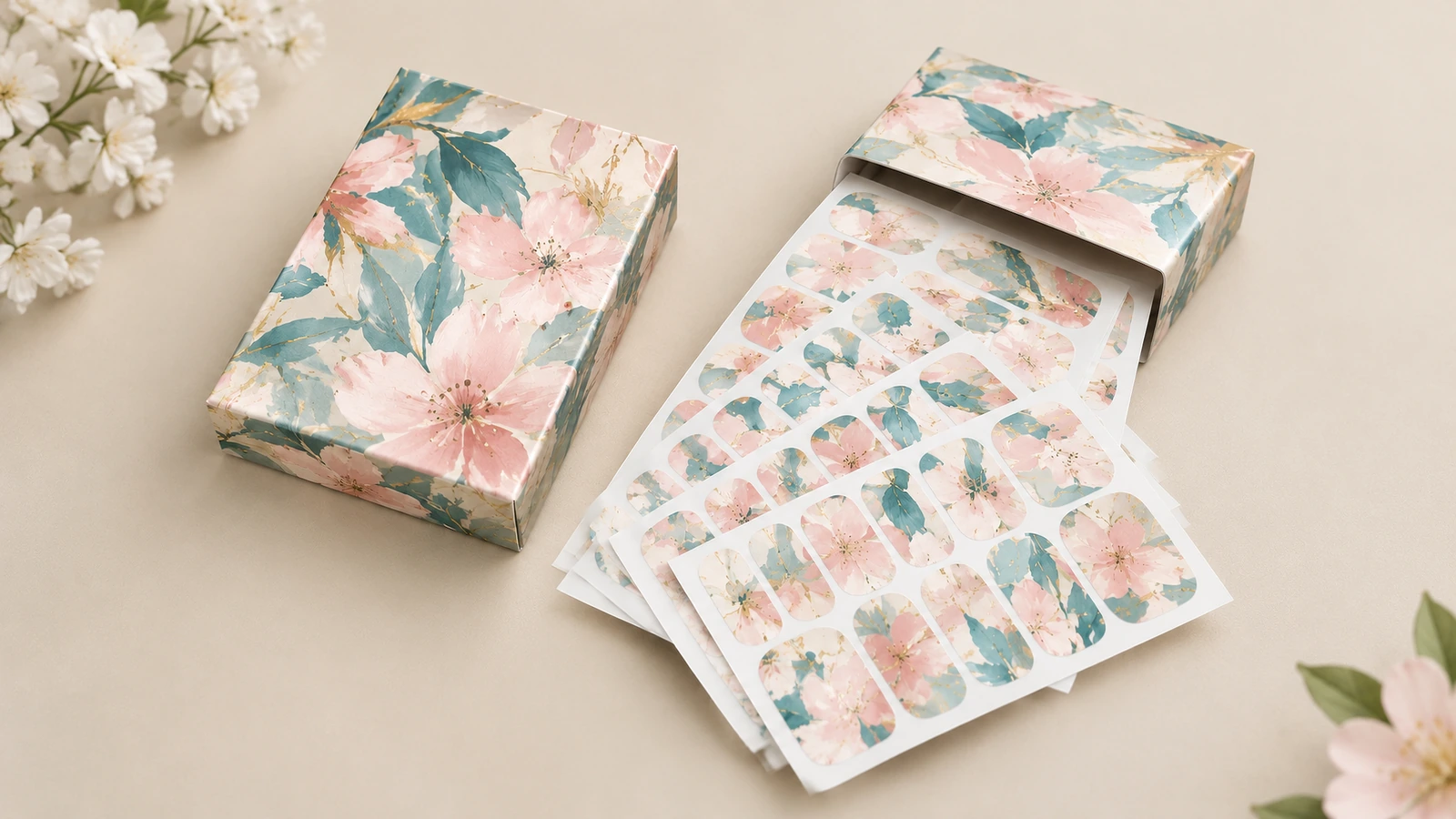 Ukuran nail wrap bunga pada lembar pembawa Beberapa lembar nail wrap bunga ditampilkan bersama kotak yang cocok