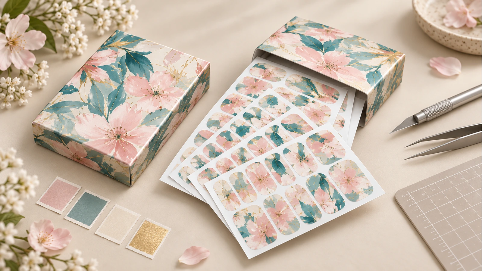 Lembar nail wrap bunga dan kemasan Lembar nail wrap bunga keluar dari kotak cetak yang cocok di samping swatch warna dan alat