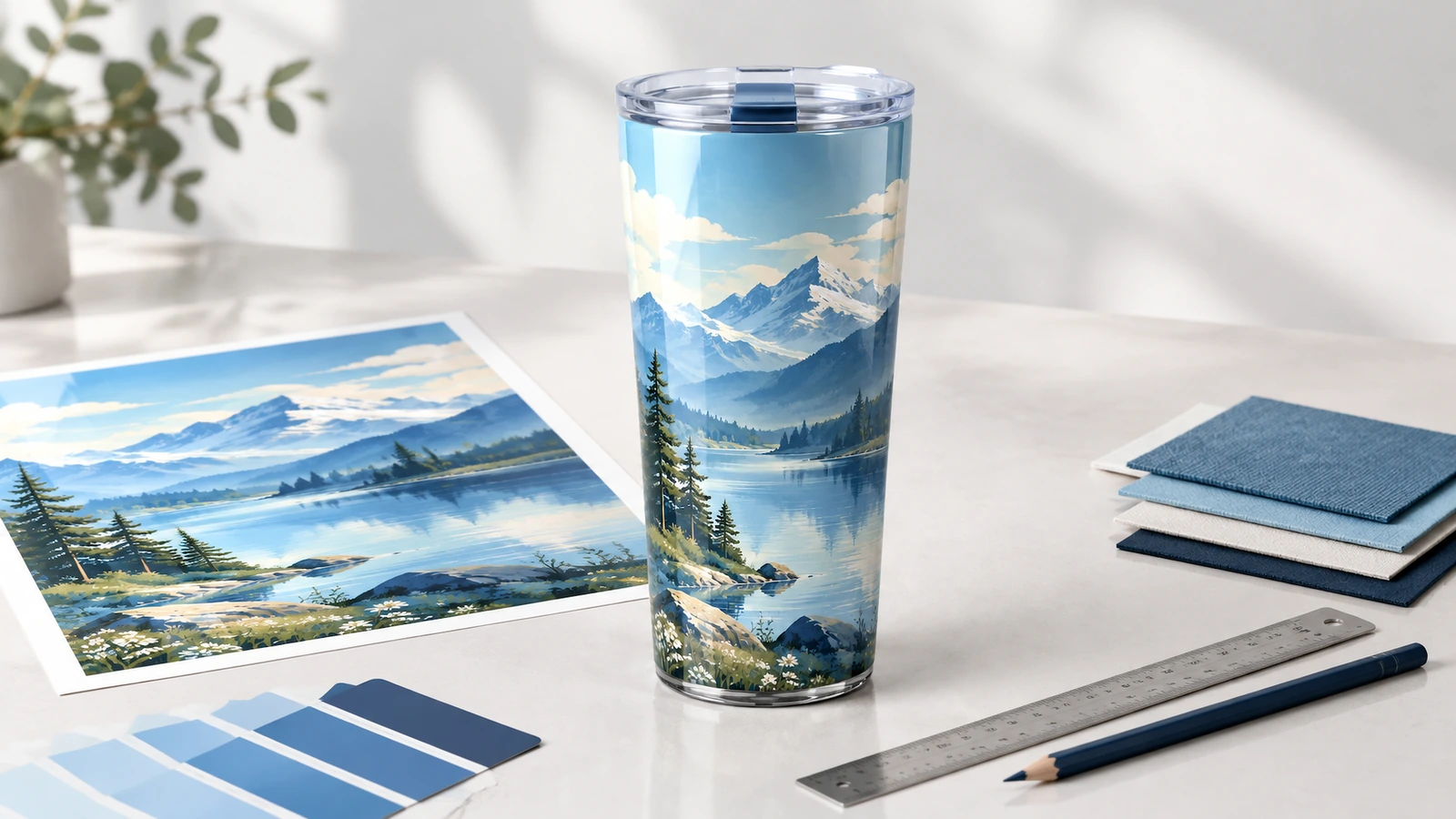 Tumbler plastik dengan desain gunung di samping karya seni, swatch biru, penggaris, dan buku catatan