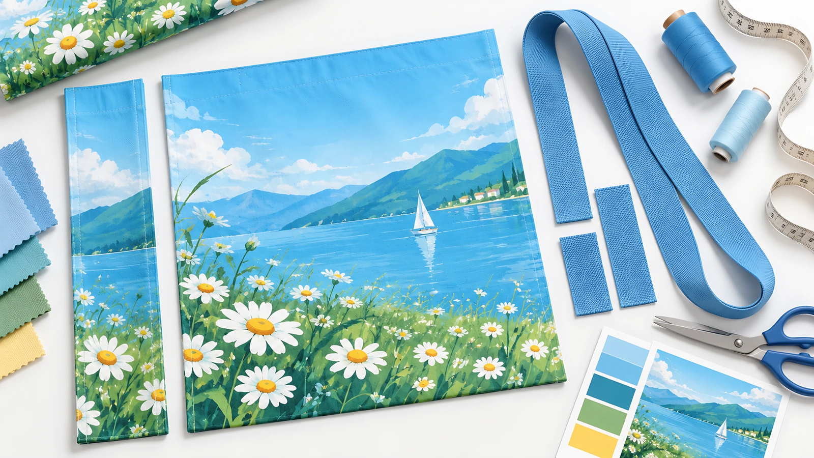 Panel tas tote bercetak lake-and-daisy, pegangan biru, dan alat jahit yang ditata di atas meja