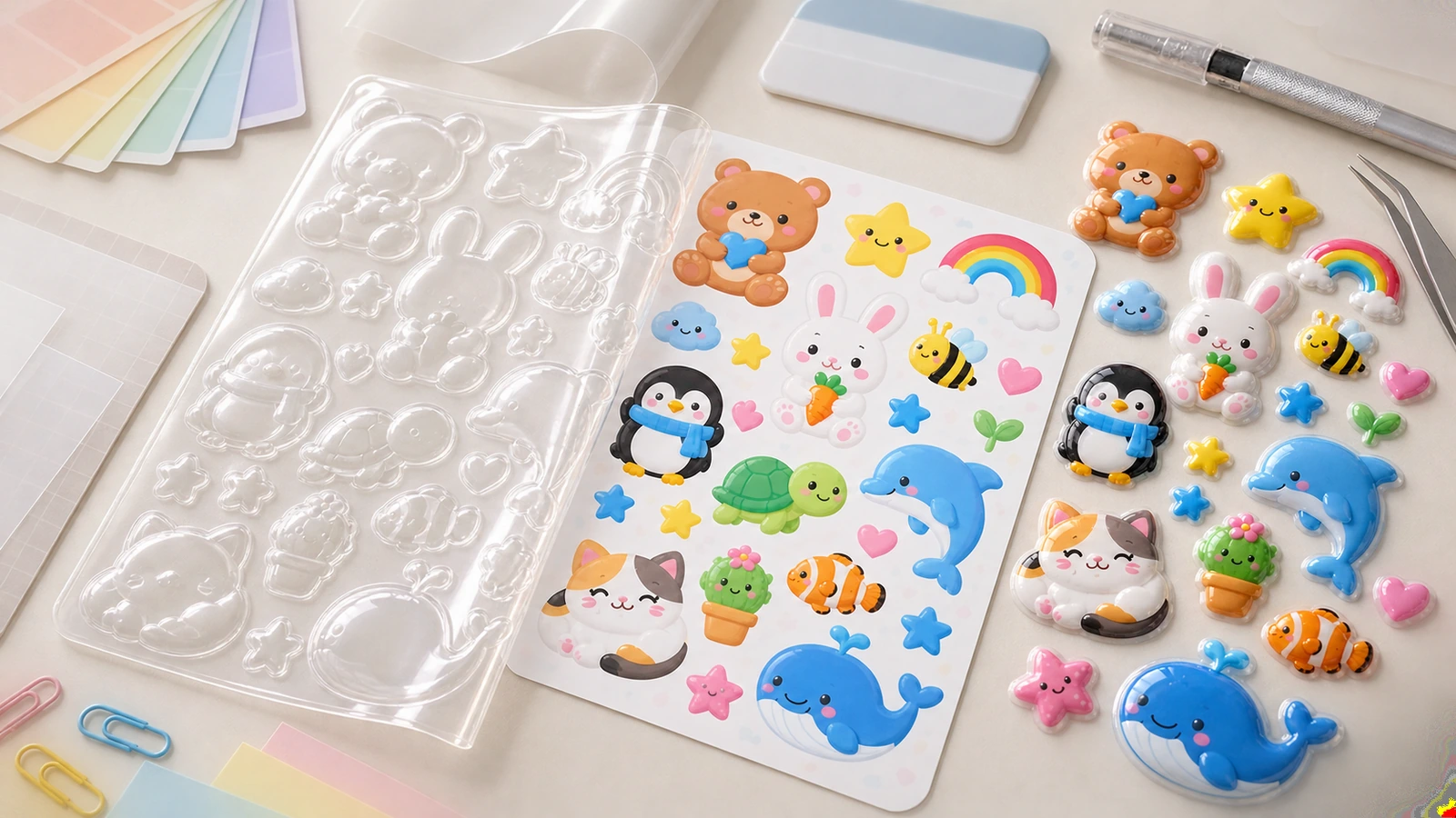 Lembar stiker puffy hewan berwarna-warni di samping nampan bening kosong di atas meja