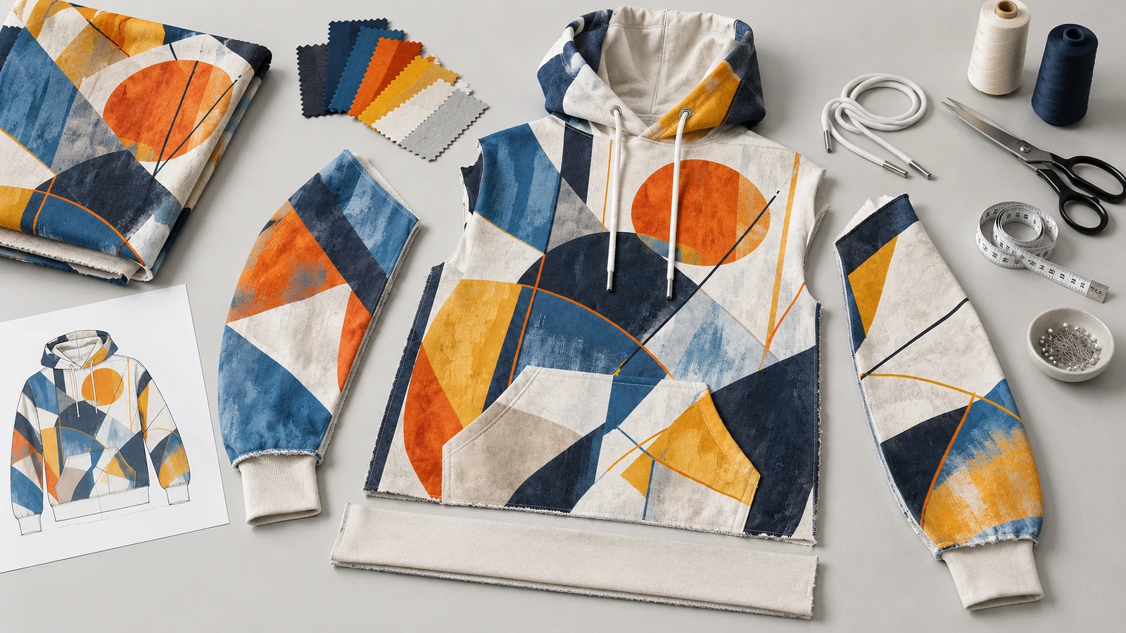 Hoodie pullover bermotif geometris dengan potongan kain yang serasi, contoh warna, tali serut, dan alat jahit