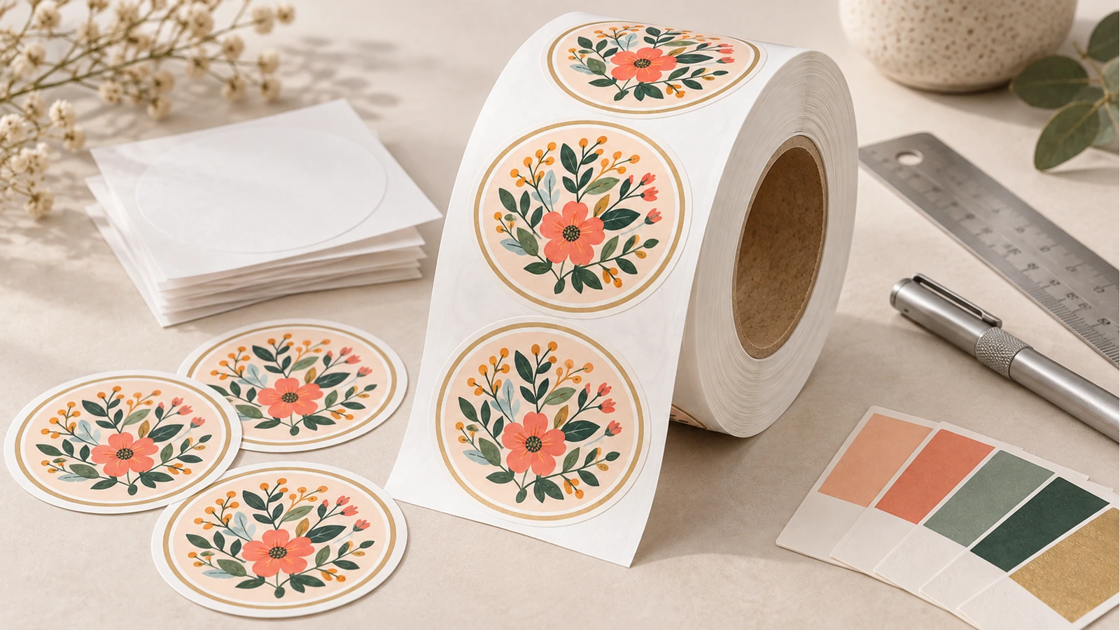 Label bulat bermotif bunga pada gulungan di samping sampel label lepas, lembar kosong, penggaris, pulpen, dan contoh warna