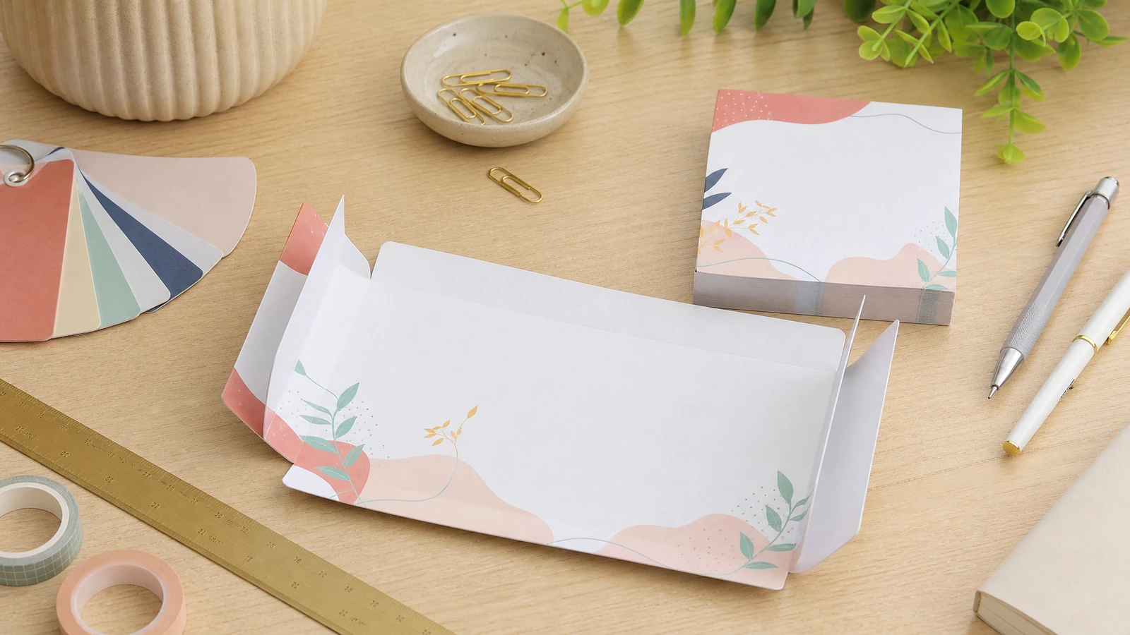 Blok catatan bermotif bunga dan lembar kertas terlipat dengan pulpen serta contoh warna di atas meja