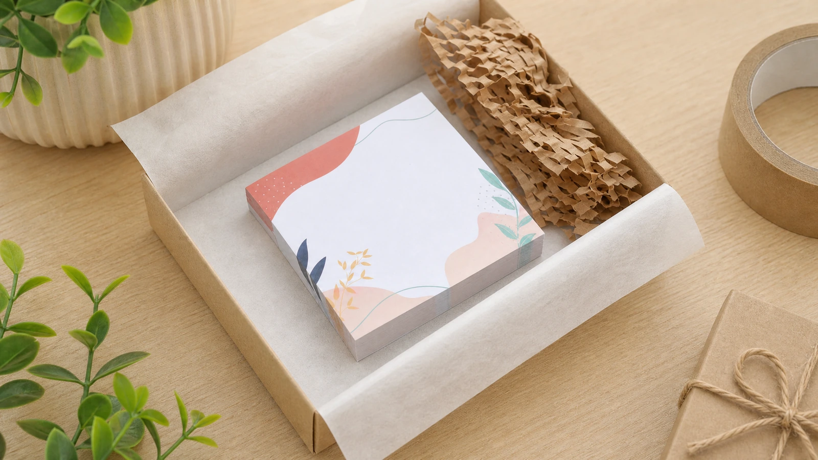 Blok catatan tercetak dalam kotak berlapis tisu dengan bantalan kertas berstruktur sarang lebah