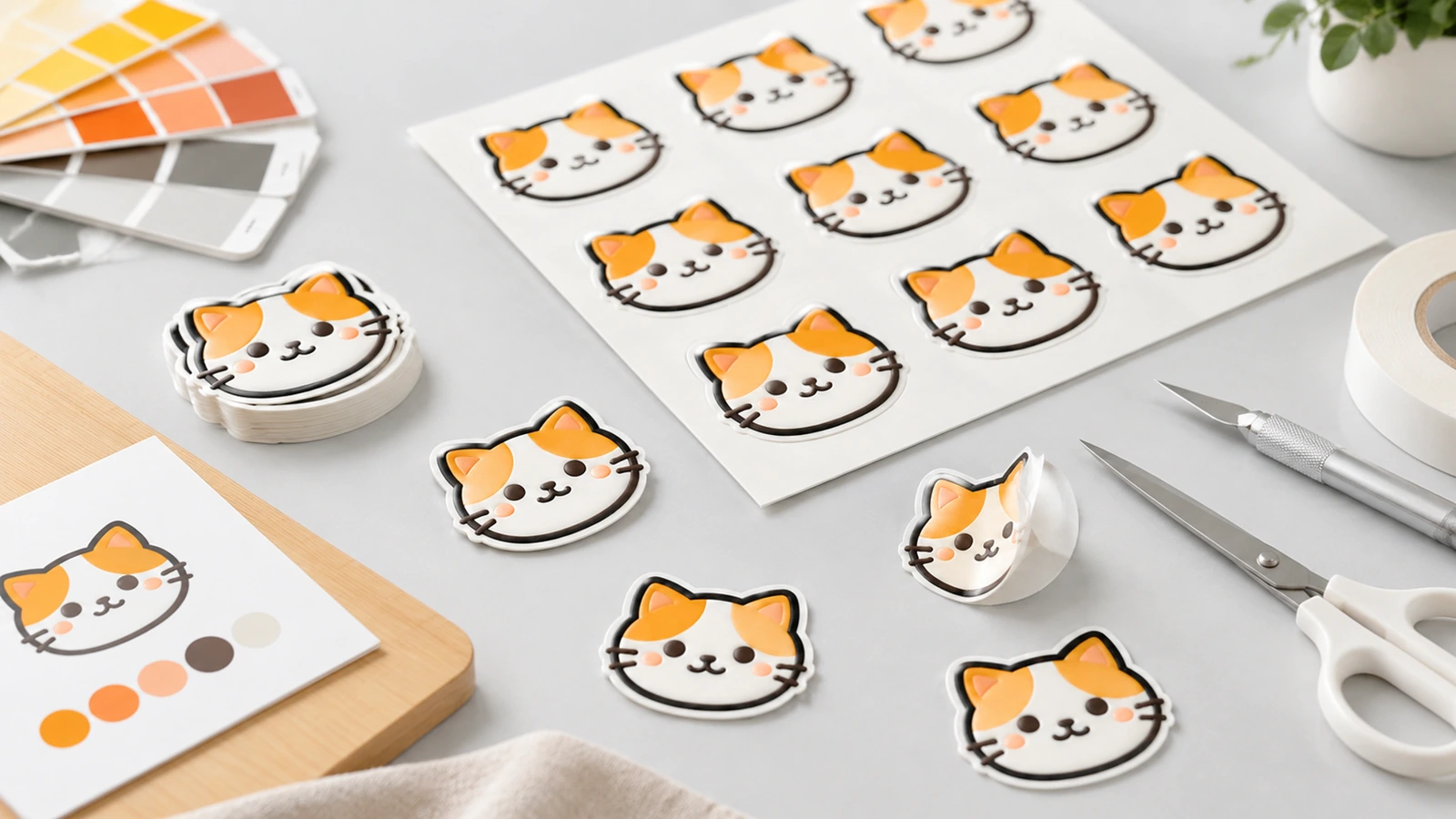 Stiker wajah kucing pada lembar dan sebagai potongan terpisah di samping contoh warna dan alat kerajinan