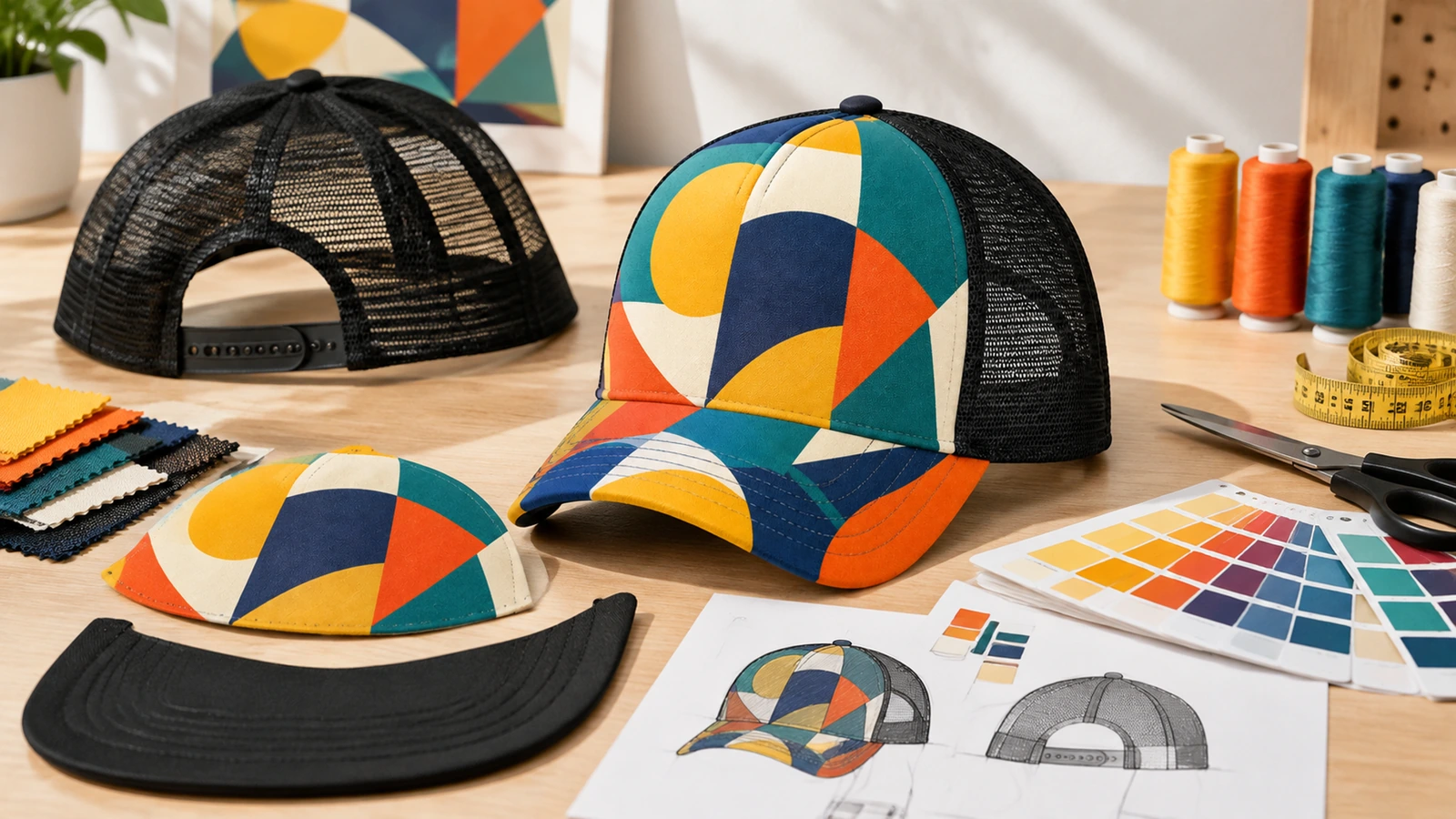 Topi mesh-back cetak geometris di samping komponen topi, contoh benang, dan sampel warna