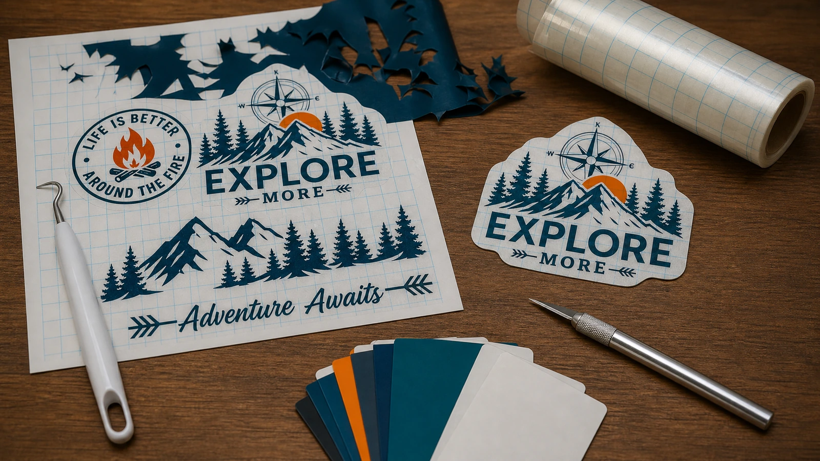 Desain dekal bertema gunung dan camping, swatch film berwarna, gulungan pita berkisi, dan alat kerajinan di atas meja kayu