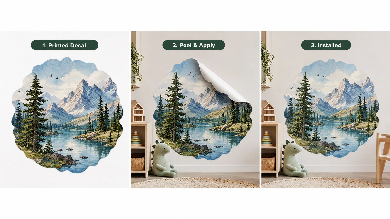 Ilustrasi 3 panel yang menampilkan stiker gunung-dan-danau tercetak, langkah kupas-dan-tempel, dan hasil terpasang