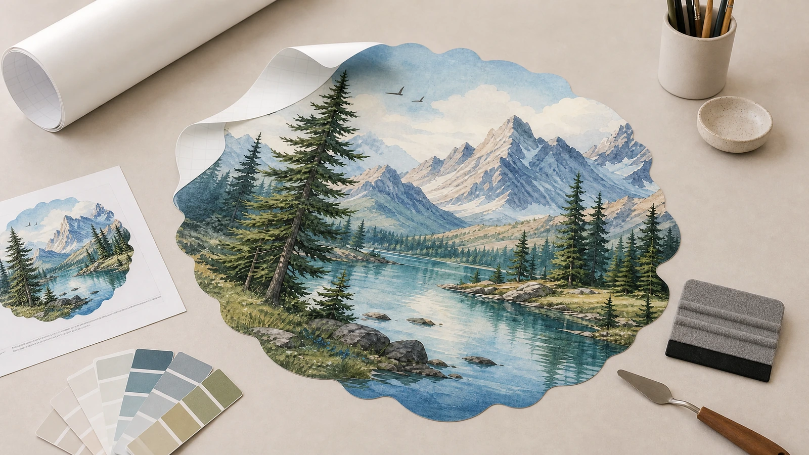 Stiker dinding gunung-dan-danau di atas meja kerja dengan contoh cetak, contoh warna, dan squeegee