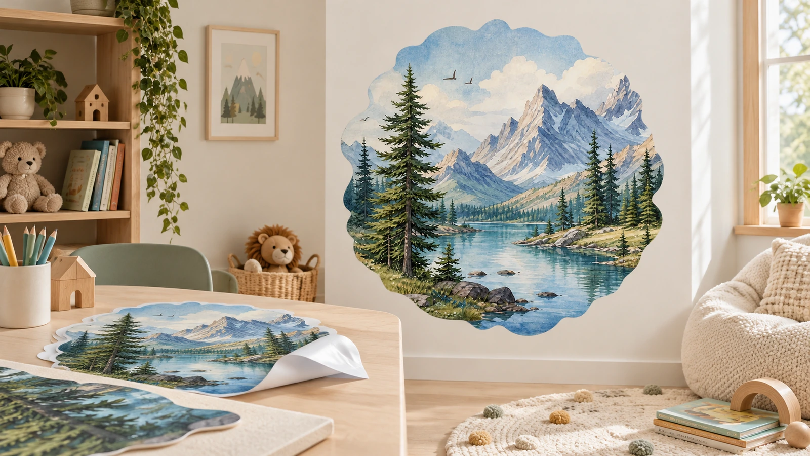 Stiker gunung-dan-danau dipasang di dinding kamar anak, dengan lembar stiker yang cocok di atas meja