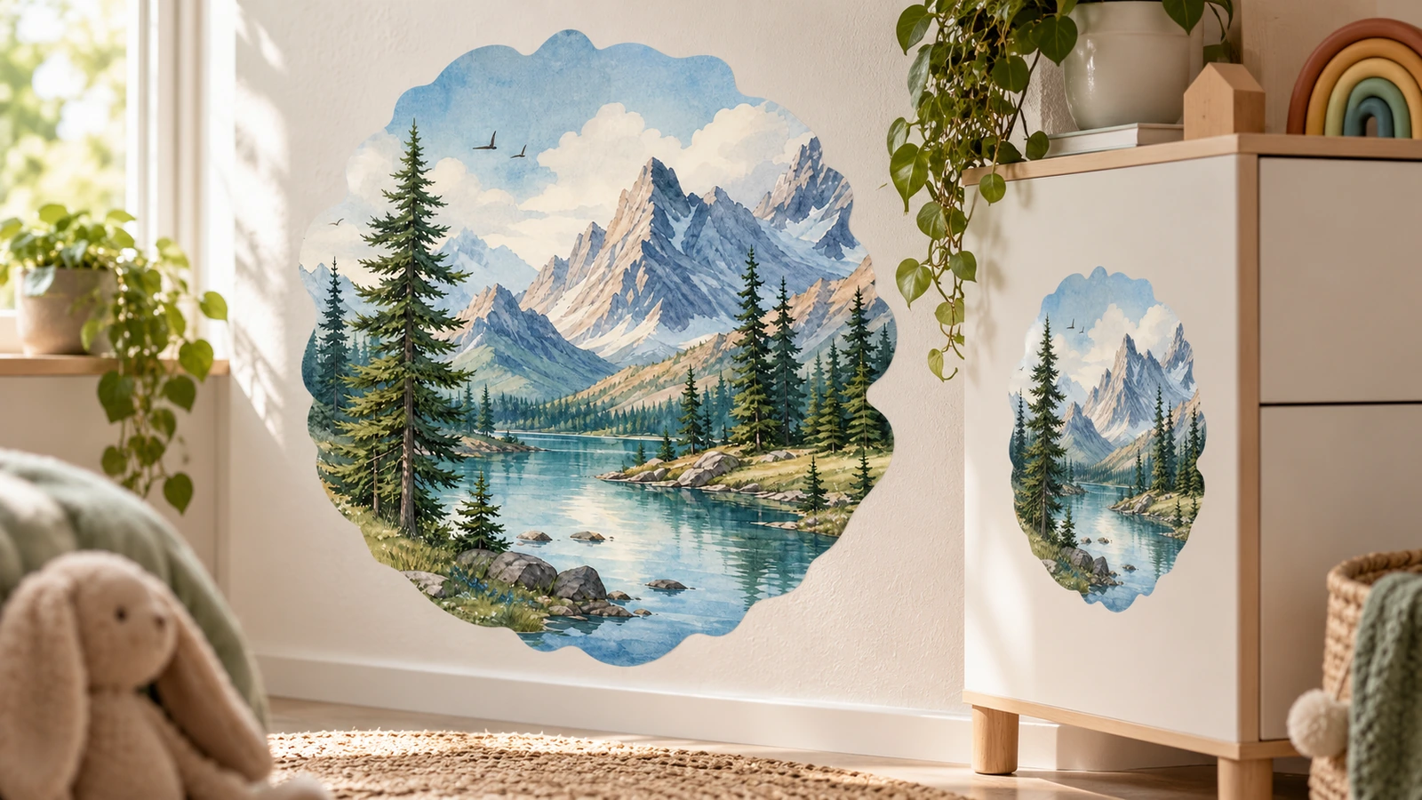 Stiker gunung-dan-danau dipasang di dinding dan lemari di kamar anak