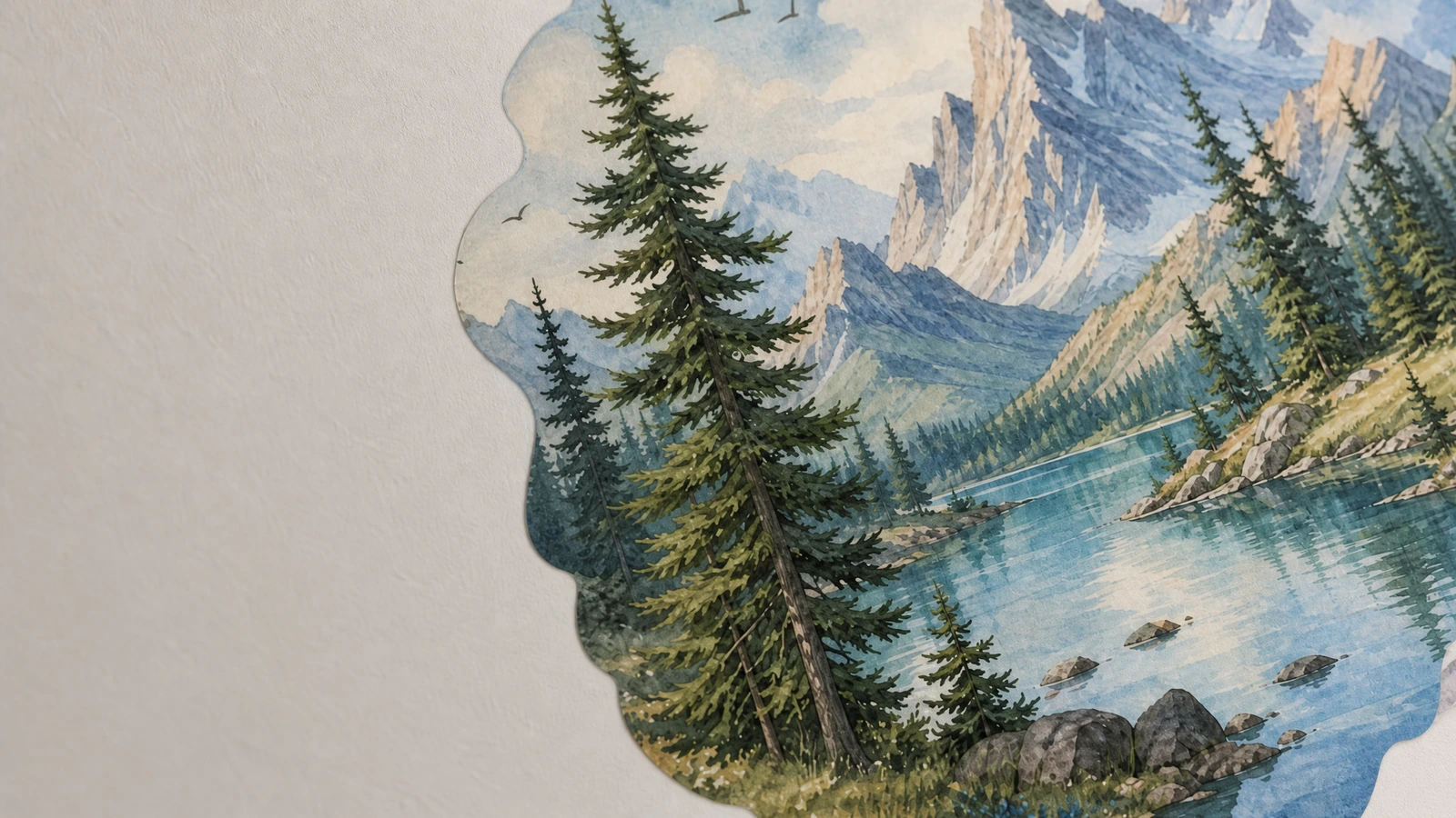 Close-up stiker gunung-dan-danau yang memperlihatkan pohon cemara, puncak berbatu, dan tepi danau