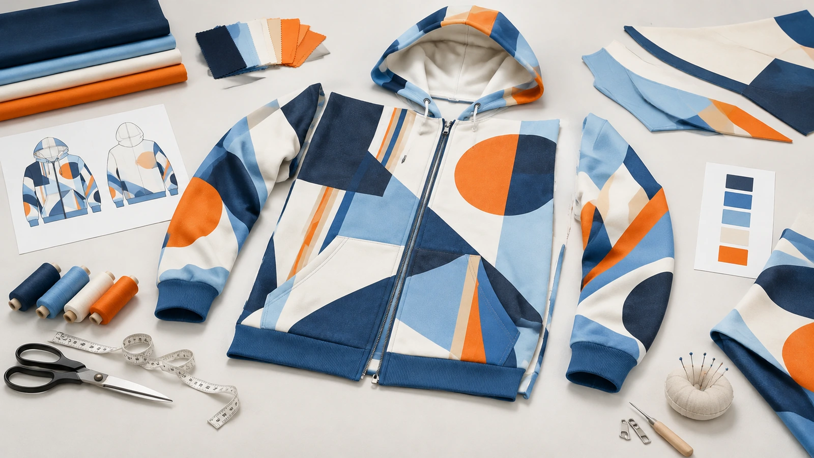 Hoodie zip geometris biru, oranye, dan putih dikelilingi contoh kain, benang, dan perkakas menjahit