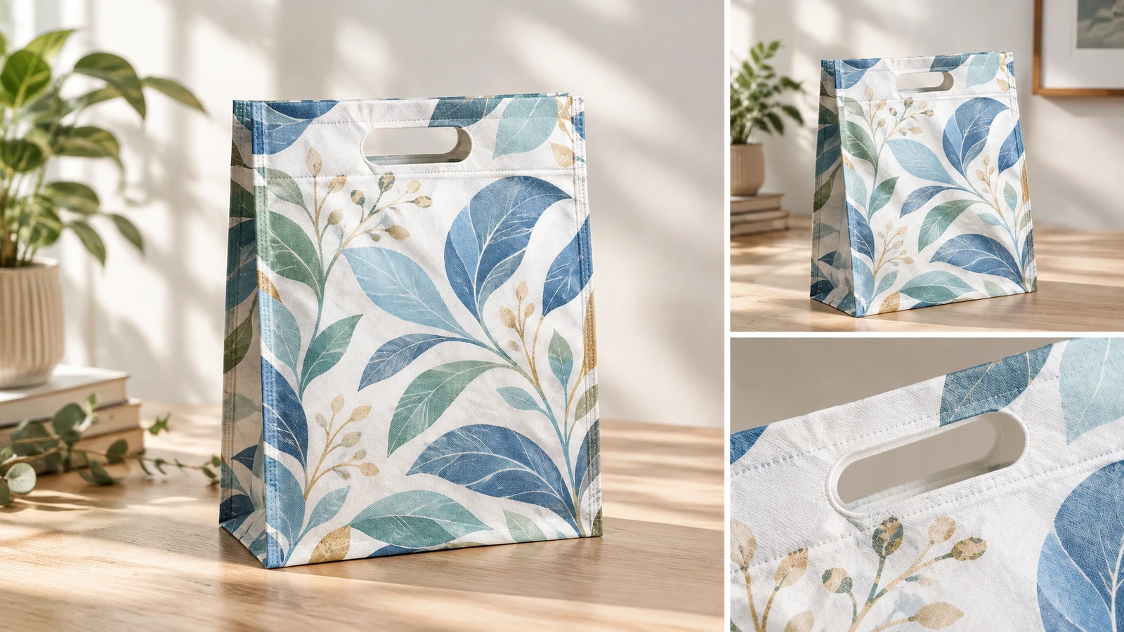 Tas D-cut bermotif daun dengan tampak depan berinset dan close-up bukaan pegangan