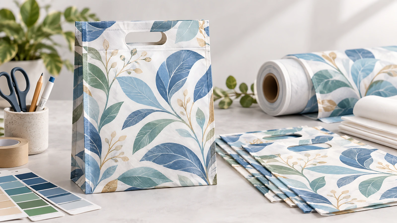 Tas D-cut bermotif daun biru dan hijau dengan gulungan bahan cetak, tas bertumpuk, dan contoh warna