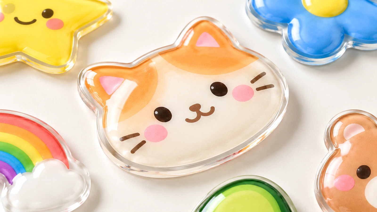 Close-up stiker kubah mengkilap berbentuk kucing, dikelilingi desain bintang, bunga, pelangi, dan alpukat