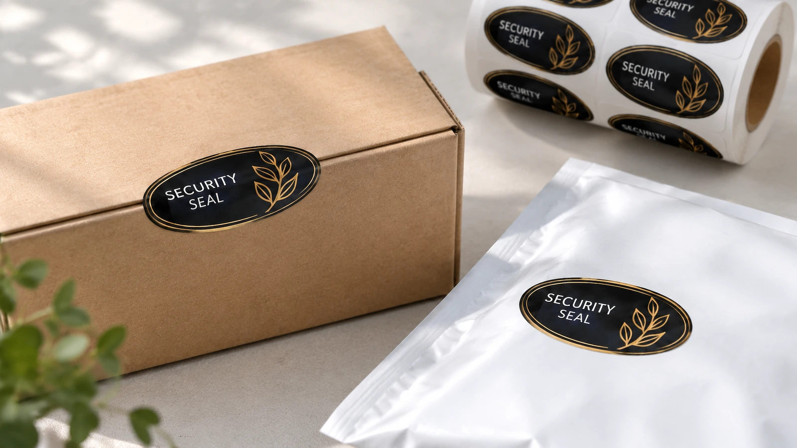 Desain label keamanan oval yang serupa ditampilkan pada kotak kraft dan kantong putih