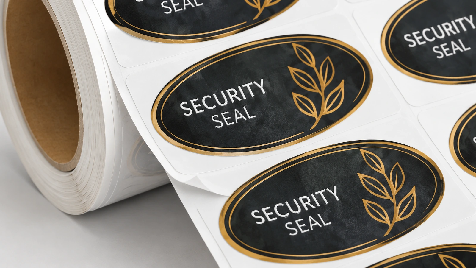 Close-up label keamanan oval hitam-emas pada liner putih